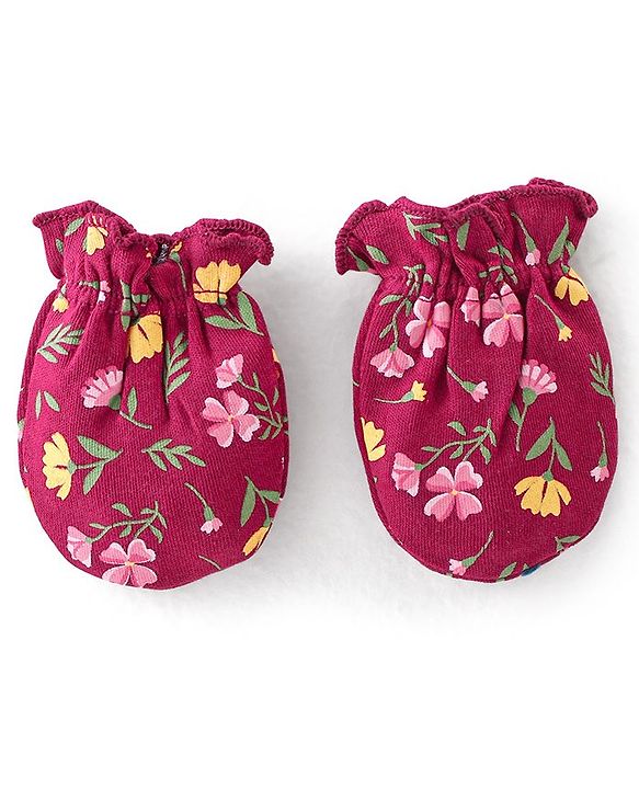Babyhug 100% Cotton Knit Cap Mittens & Booties Set with Floral Print - Red
