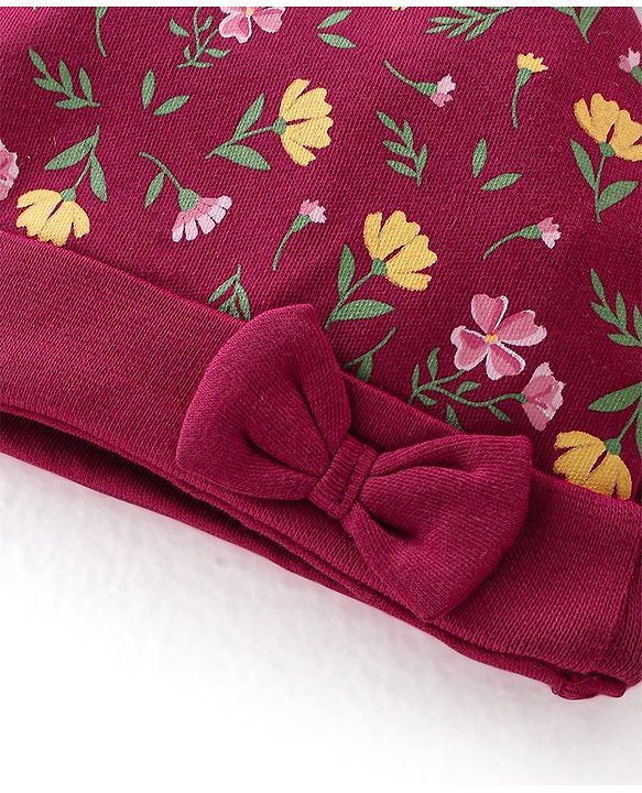 Babyhug 100% Cotton Knit Cap Mittens & Booties Set with Floral Print - Red