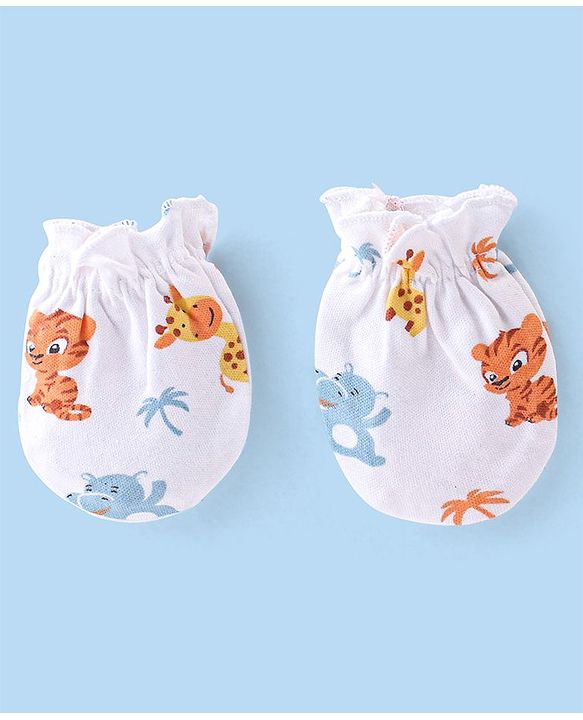 Babyhug 100% Cotton Knit Cap Mittens & Booties Wild Animal Print - White