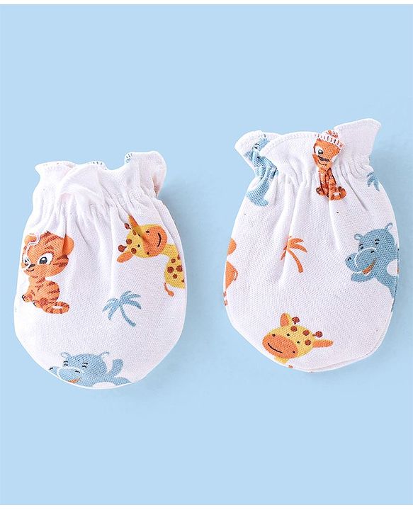 Babyhug 100% Cotton Knit Cap Mittens & Booties Wild Animal Print - White