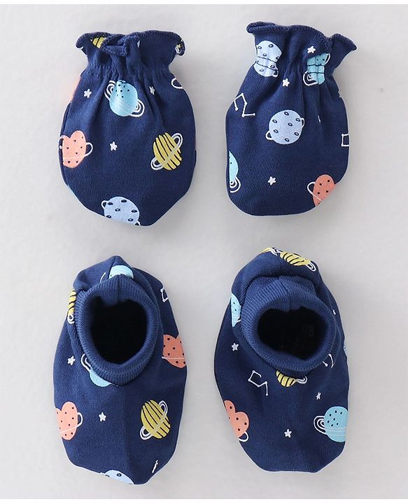 Babyhug 100% Cotton Interlock Knit Mittens & Booties Set Space Print - Navy Blue