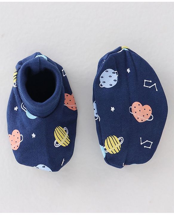 Babyhug 100% Cotton Interlock Knit Mittens & Booties Set Space Print - Navy Blue