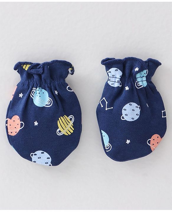 Babyhug 100% Cotton Interlock Knit Mittens & Booties Set Space Print - Navy Blue