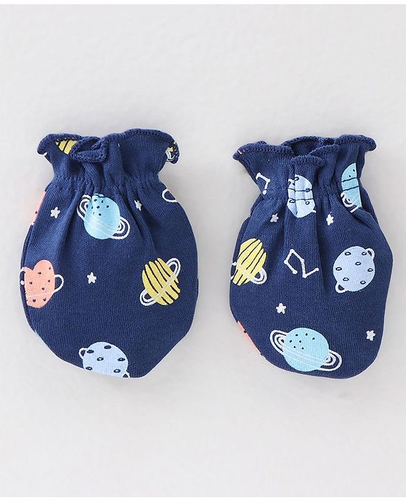 Babyhug 100% Cotton Interlock Knit Mittens & Booties Set Space Print - Navy Blue