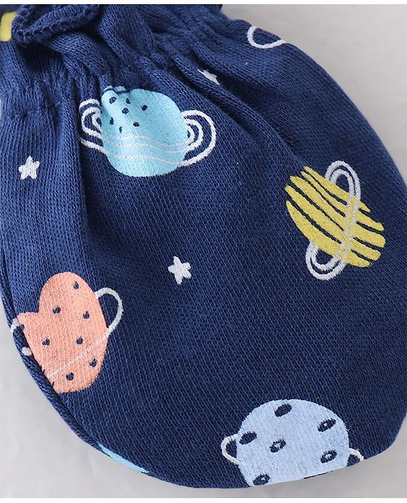 Babyhug 100% Cotton Interlock Knit Mittens & Booties Set Space Print - Navy Blue
