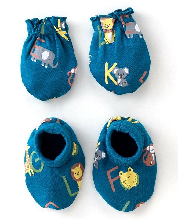 Babyhug 100% Cotton Knit Elephant Print Mittens and Booties - Green