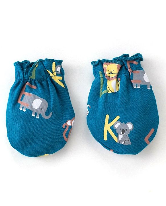 Babyhug 100% Cotton Knit Elephant Print Mittens and Booties - Green
