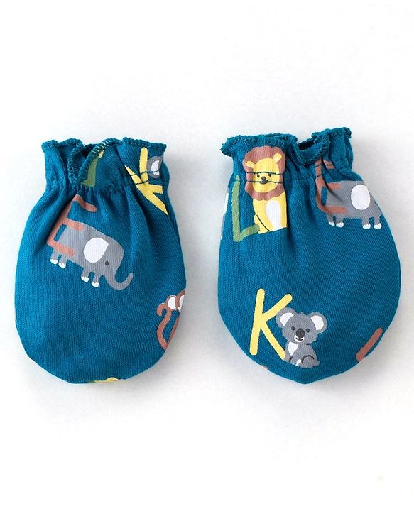 Babyhug 100% Cotton Knit Elephant Print Mittens and Booties - Green