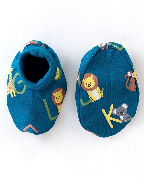 Babyhug 100% Cotton Knit Elephant Print Mittens and Booties - Green