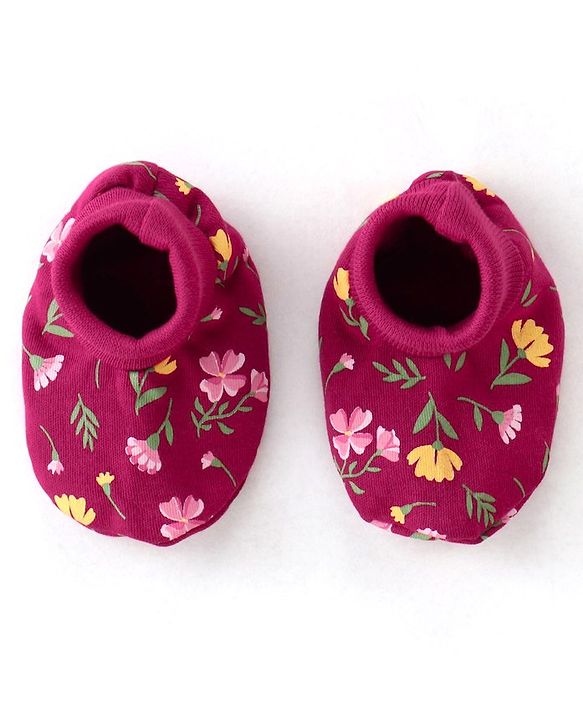 Babyhug 100% Cotton Knit Floral Print Mittens and Booties - Red