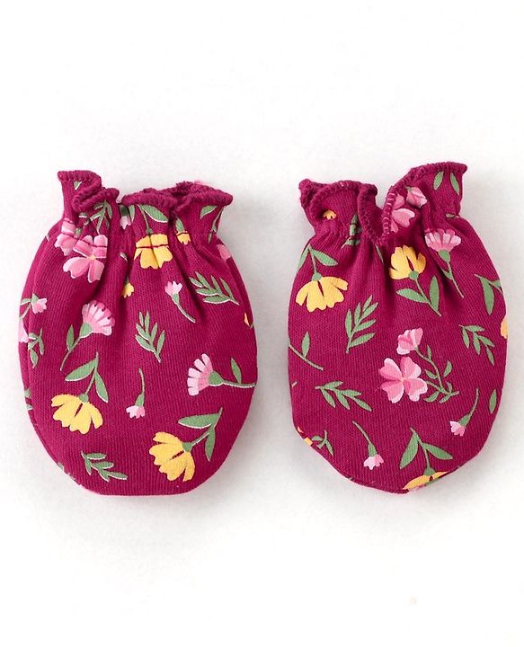 Babyhug 100% Cotton Knit Floral Print Mittens and Booties - Red