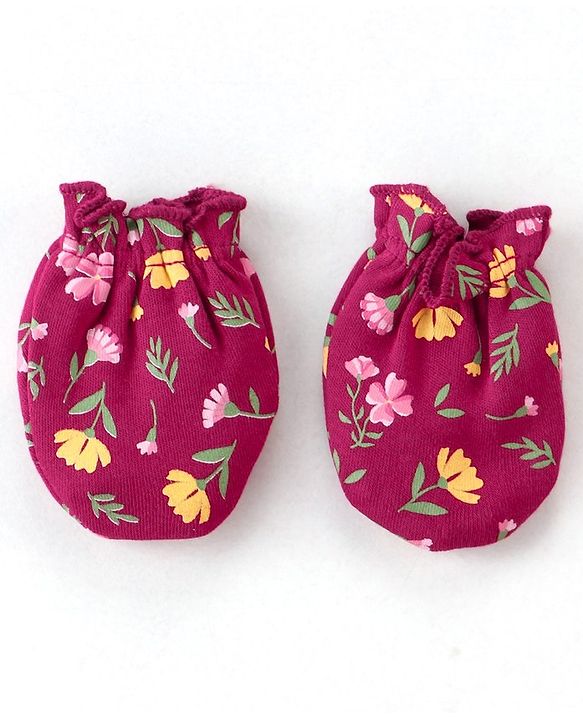 Babyhug 100% Cotton Knit Floral Print Mittens and Booties - Red