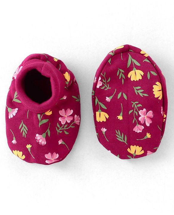 Babyhug 100% Cotton Knit Floral Print Mittens and Booties - Red