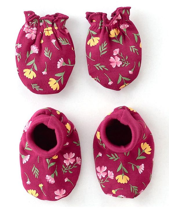 Babyhug 100% Cotton Knit Floral Print Mittens and Booties - Red