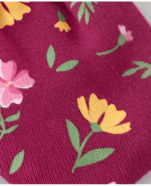 Babyhug 100% Cotton Knit Floral Print Mittens and Booties - Red