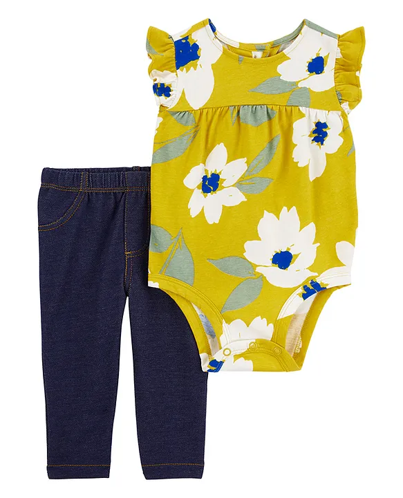 Buy Carters Baby 2Piece Floral Bodysuit Pant Set Yellow & Black for Girls  (0-3Months) Online in India, Shop at  - 14537499