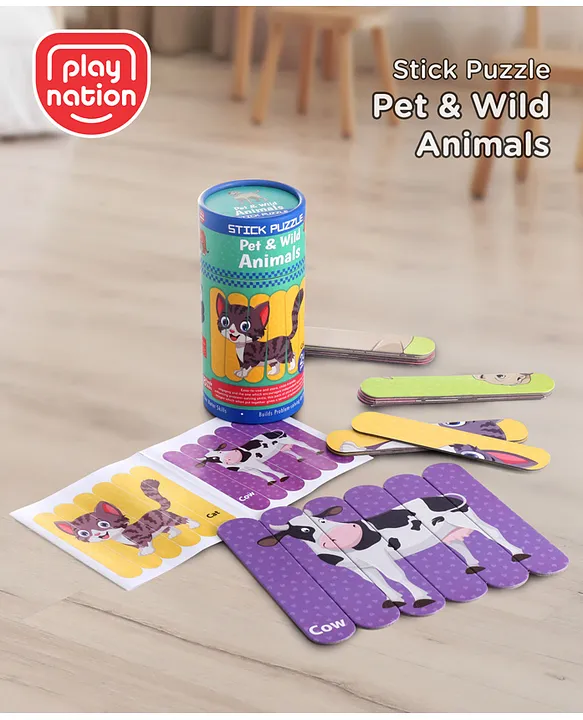 Play Nation 18 Pieces Pet & Wild Animals Stick Puzzle - Pack of 6