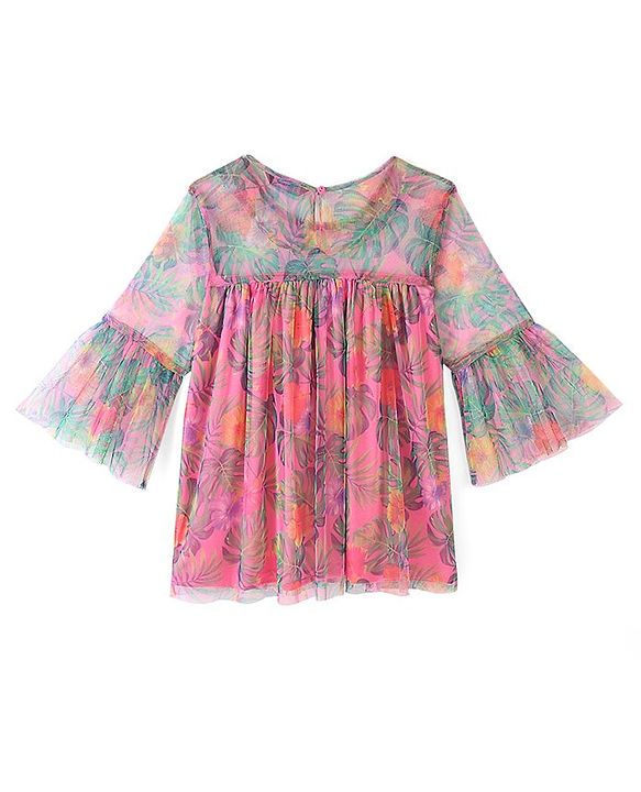 Pine Kids Three Fourth Sleeve Floral Printed Mesh Top- Pink