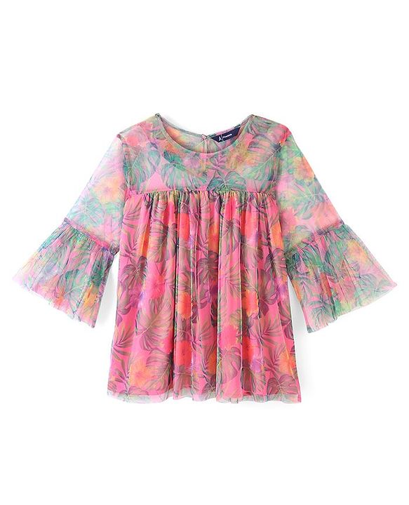 Pine Kids Three Fourth Sleeve Floral Printed Mesh Top- Pink
