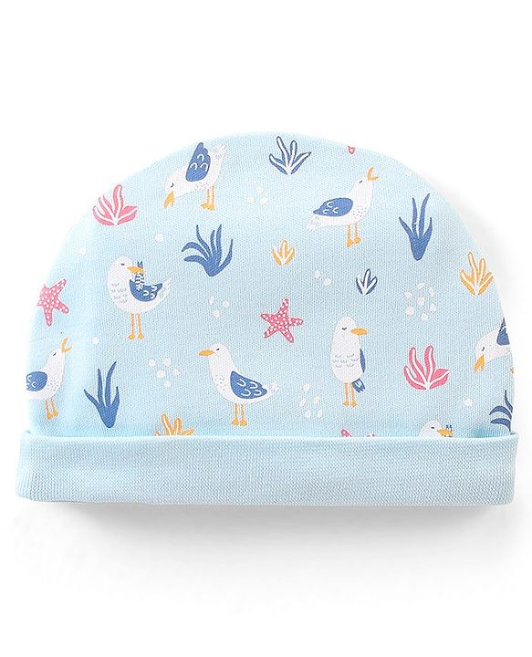 Babyhug 100% Cotton Knit Bird Print Cap with Bow Applique - Blue