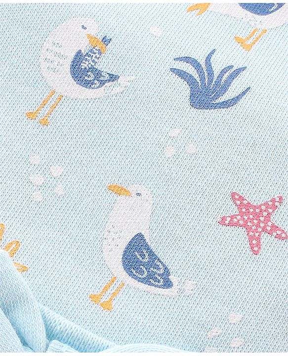 Babyhug 100% Cotton Knit Bird Print Cap with Bow Applique - Blue