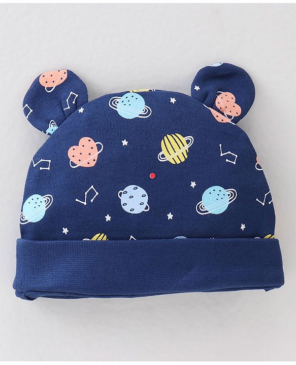 Babyhug 100% Cotton Knit Cap Space Print -Navy Blue