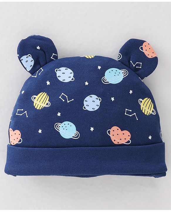 Babyhug 100% Cotton Knit Cap Space Print -Navy Blue
