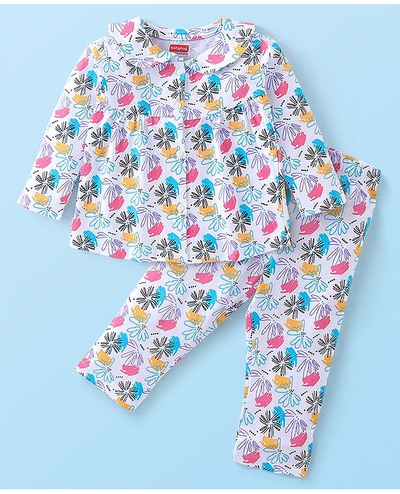 Babyhug Cotton Knit Full Sleeves Night Suit With Floral Print - White