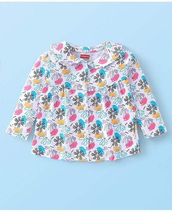 Babyhug Cotton Knit Full Sleeves Night Suit With Floral Print - White