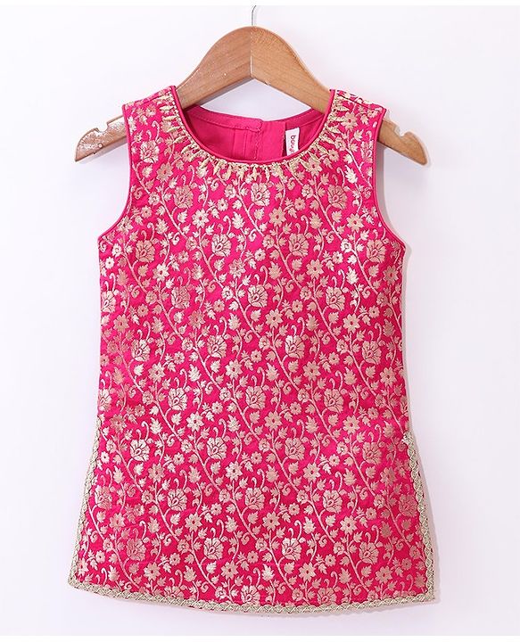 Babyhug Sleeveless Brocade Top & Sequined Georgette Lehenga with Lace Border Dupatta - Hot Pink