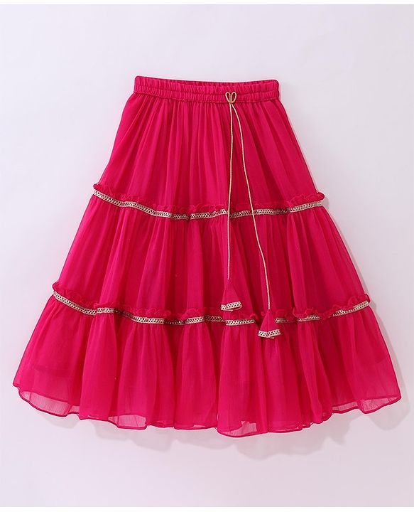 Babyhug Sleeveless Brocade Top & Sequined Georgette Lehenga with Lace Border Dupatta - Hot Pink