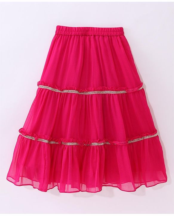 Babyhug Sleeveless Brocade Top & Sequined Georgette Lehenga with Lace Border Dupatta - Hot Pink