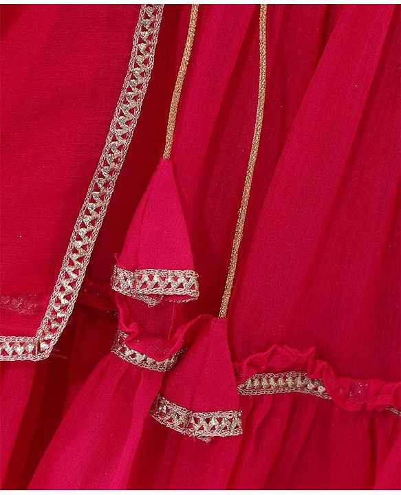 Babyhug Sleeveless Brocade Top & Sequined Georgette Lehenga with Lace Border Dupatta - Hot Pink