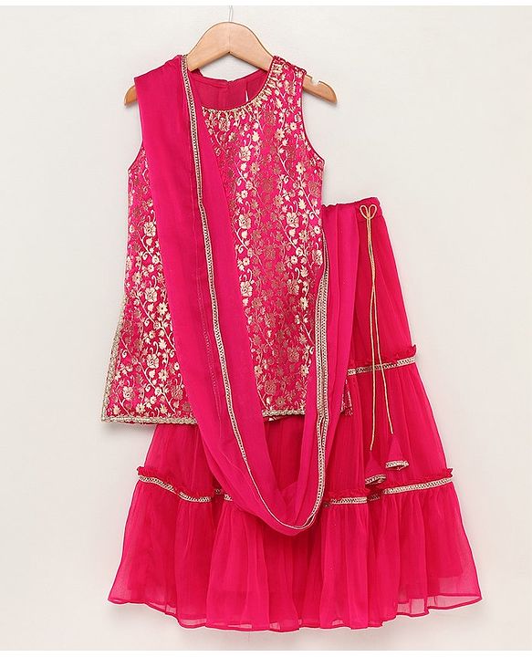 Babyhug Sleeveless Brocade Top & Sequined Georgette Lehenga with Lace Border Dupatta - Hot Pink