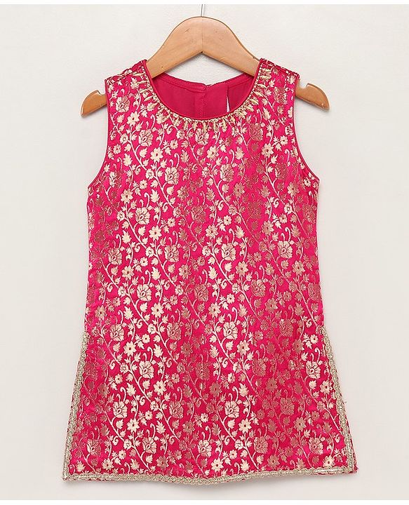 Babyhug Sleeveless Brocade Top & Sequined Georgette Lehenga with Lace Border Dupatta - Hot Pink