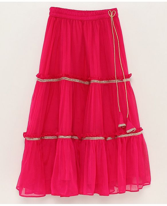 Babyhug Sleeveless Brocade Top & Sequined Georgette Lehenga with Lace Border Dupatta - Hot Pink