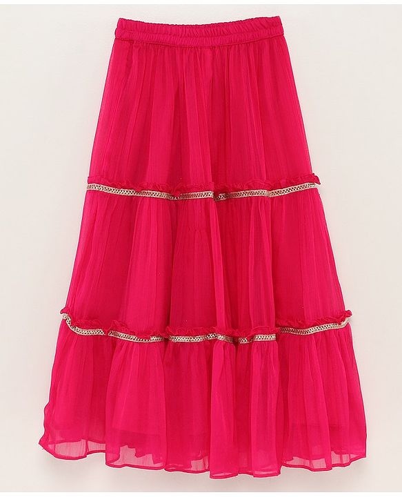 Babyhug Sleeveless Brocade Top & Sequined Georgette Lehenga with Lace Border Dupatta - Hot Pink