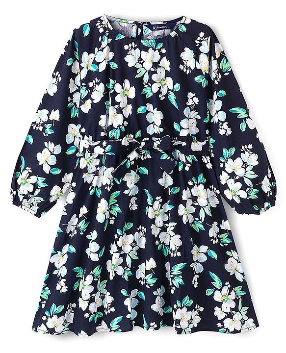 Pine Kids Poplin Woven Full Sleeves Floral Dress with Self Belt- Navy Blue