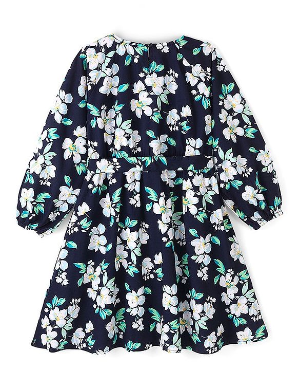 Pine Kids Poplin Woven Full Sleeves Floral Dress with Self Belt- Navy Blue
