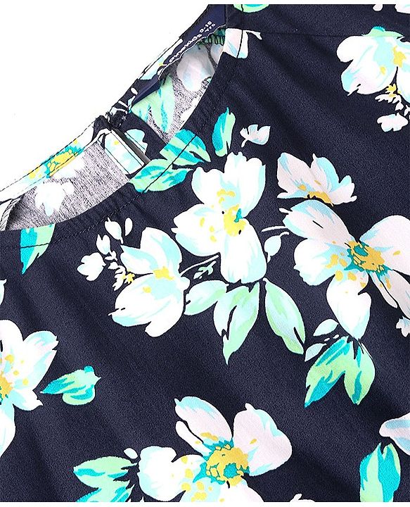 Pine Kids Poplin Woven Full Sleeves Floral Dress with Self Belt- Navy Blue