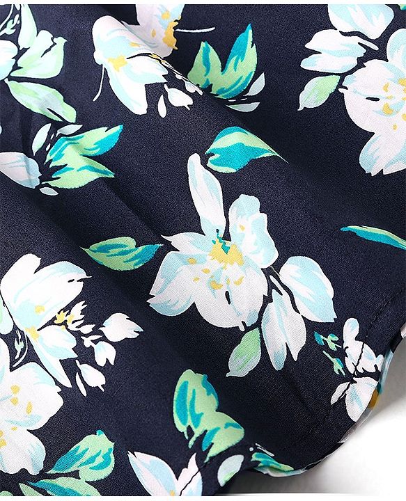 Pine Kids Poplin Woven Full Sleeves Floral Dress with Self Belt- Navy Blue