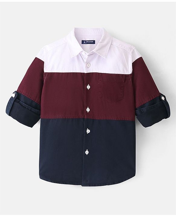 Pine Kids Roll Up Full Sleeves Cut & Sew Pattern Solid Color Shirt - Red & Blue