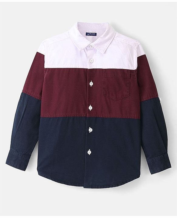 Pine Kids Roll Up Full Sleeves Cut & Sew Pattern Solid Color Shirt - Red & Blue