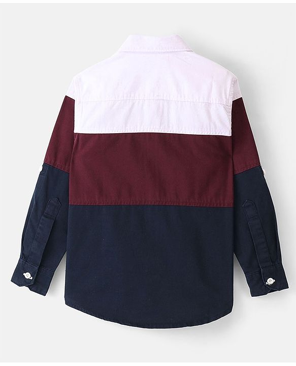 Pine Kids Roll Up Full Sleeves Cut & Sew Pattern Solid Color Shirt - Red & Blue