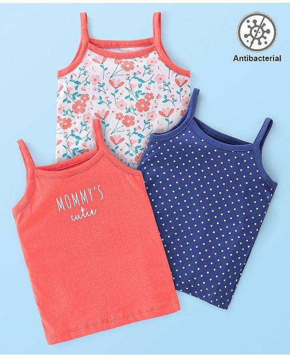 Babyhug 100% Cotton Antibacterial Sleeveless Slips Floral Printed Pack of 3 - Pink & Blue