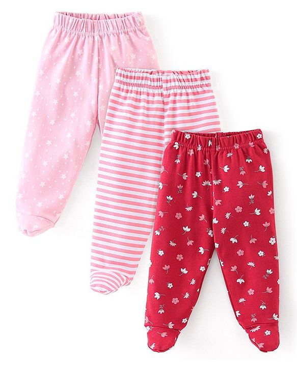 Babyhug Cotton Interlock Knit Full Length Stripe Bootie Pants Pack of 3 - Pink & Red