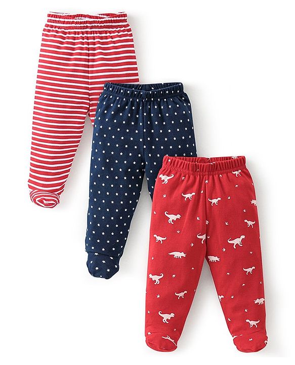 Babyhug Cotton Knit Footed Bootie Leggings Dino Printed Pack of 3 - Red & Navy Blue