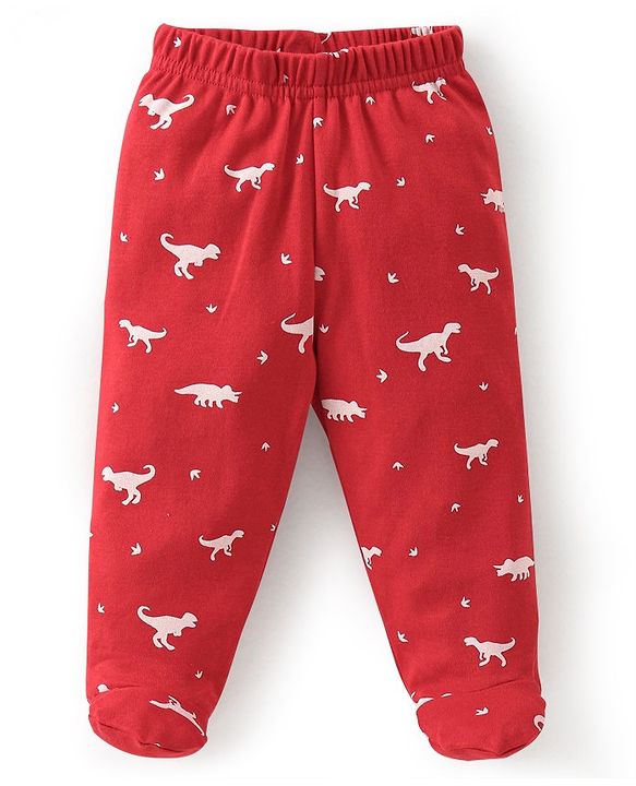 Babyhug Cotton Knit Footed Bootie Leggings Dino Printed Pack of 3 - Red & Navy Blue
