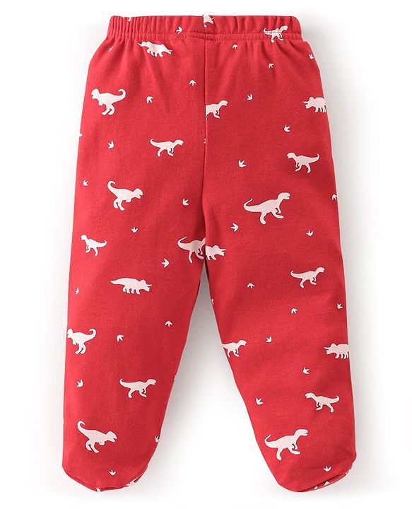 Babyhug Cotton Knit Footed Bootie Leggings Dino Printed Pack of 3 - Red & Navy Blue
