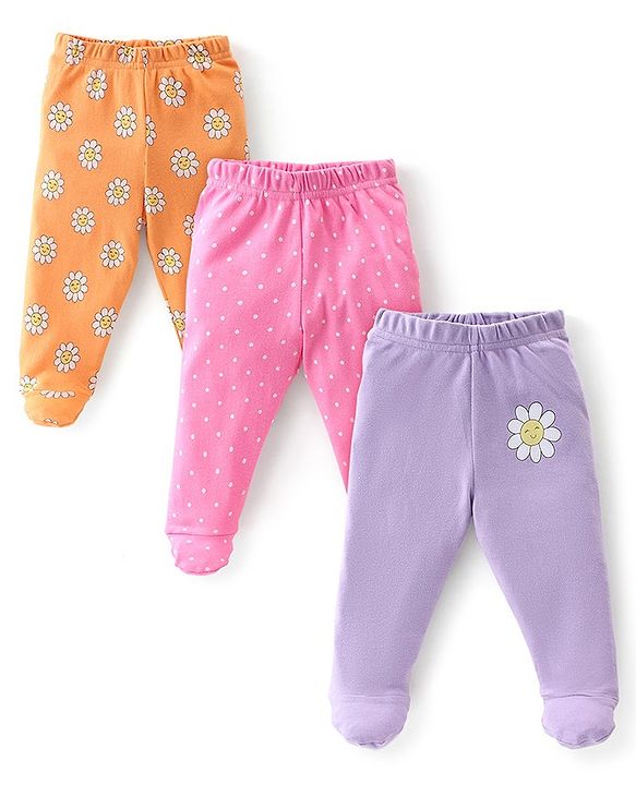 Babyhug Interlock Booties Pant With Floral Print Pack Of 3 - Orange Pink & Purple